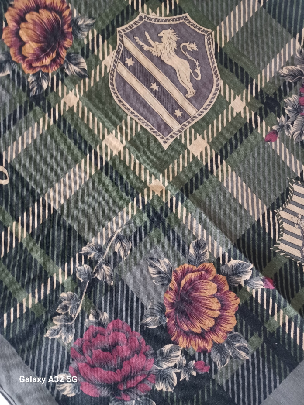 VTG Talbots 100% Wool Square Scarf 44" Plaid Floral Heraldic Made in Japan - Picture 5 of 7